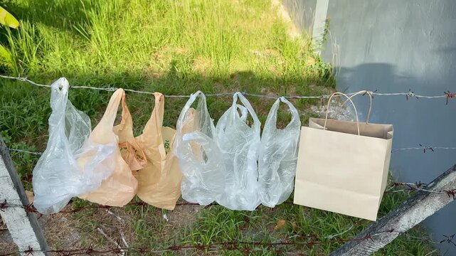Plastic bag hanging on barbwire fence with paper bag.prepare for reuse.