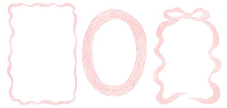 Hand-drawn watercolor set of delicate whimsical decorative frames. Romantic frames ideal for wedding stationery, valentine designs, invitations.