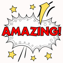 Amazing comic speech bubble with stars and dynamic lines, expressing excitement and awe in a vibrant pop art style on a white background © Sobur
