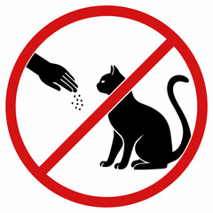 Please do not feed the cats warning sign with black cat silhouette and hand dropping food inside red circle strikeout mark on white background art © Sobur