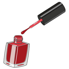 Fototapeta premium Red nail polish bottle with open cap and brush dripping colorful lacquer isolated on white background professional manicure cosmetic illustration art