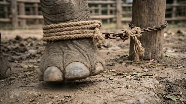 Close up of an elephant foot tightly bound with rope and chain to a wooden post representing animal captivity suffering and the urgent need for ethical wildlife protection awareness