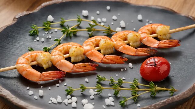 Juicy grilled shrimp skewers seasoned with herbs and coarse sea salt, served on a dark plate with cherry tomato, highlighting gourmet seafood presentation and rich flavor