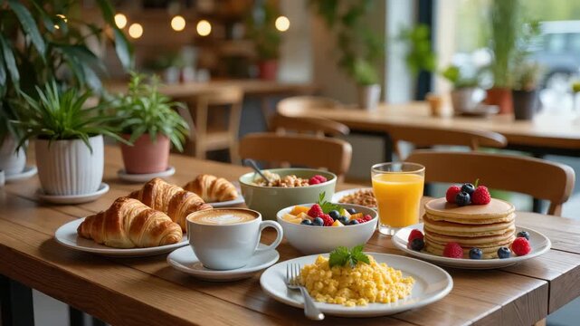 Variety of breakfast dishes including pancakes with berries, croissants, coffee, orange juice, and scrambled eggs arranged on a wooden table in a cozy cafe setting, evoking comfort and morning energy