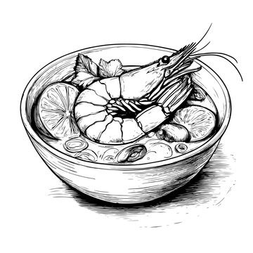Hand Drawn Illustration of Delicious Thai Tom Yum Soup with Shrimp, Lime, and Herbs - Adobe Stock