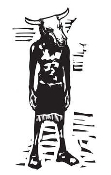 Woodcut expressionistic style Greek Minotaur