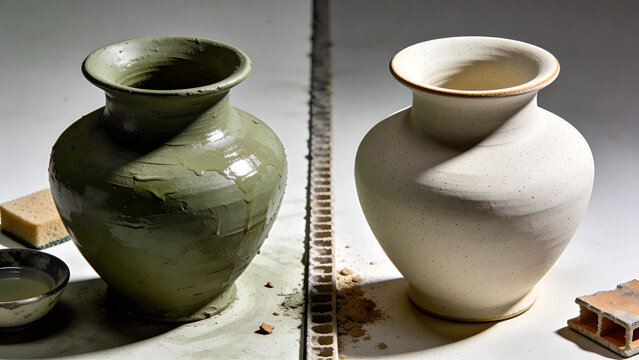 大胆な焼成前後の二分割比較、湿った重みと乾いた軽さが同形で変わる陶器