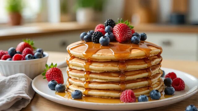 Golden stack of fluffy pancakes topped with maple syrup and fresh strawberries, blueberries, and raspberries on a white plate, creating an inviting and indulgent breakfast treat