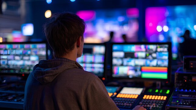 Behind the Scenes: A technician intently monitors multiple screens and controls at a live event, capturing the essence of event production and tech expertise.
