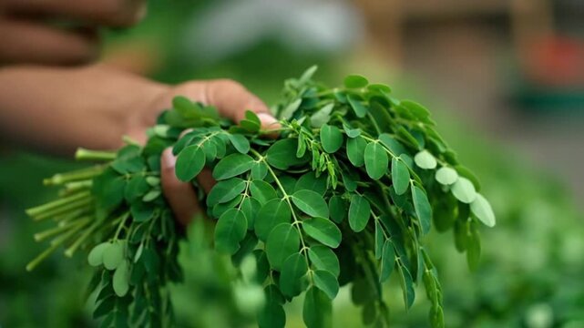 Hands Holding Fresh Organic Moringa Leaves Close Up