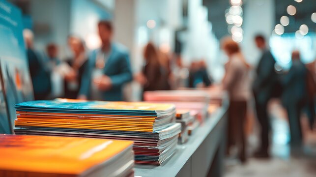 Vibrant books and blurry people at event: Capture the atmosphere of an event filled with vibrant book displays and people. Focus on the colorful spines and the blur of attendees.