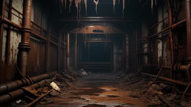 Abandoned industrial corridor, dimly lit, reveals a path through rusty pipes and debris, leading to an unknown, foreboding destination.
