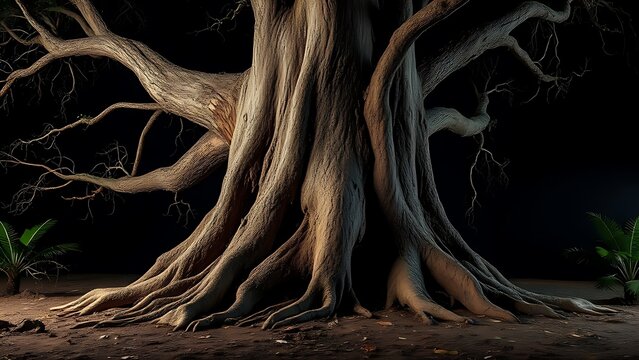 accuser. A large uprooted tree with exposed roots after a storm, dramatic natural scene. ESG reports, sustainability campaigns, designed for environmental awareness campaigns, used by professors.