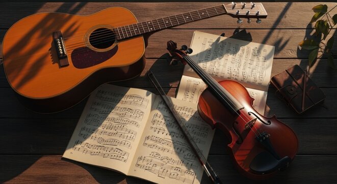 Acoustic guitar, violin, sheet music, notebook laid on wood surface, sunny lighting