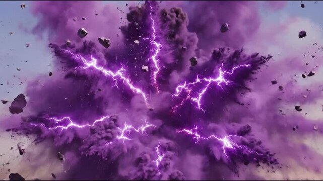 Purple powder explosion forming abstract vibrant pattern concept. Vibrant purple explosion with lightning sparks and flying debris in dynamic action scene