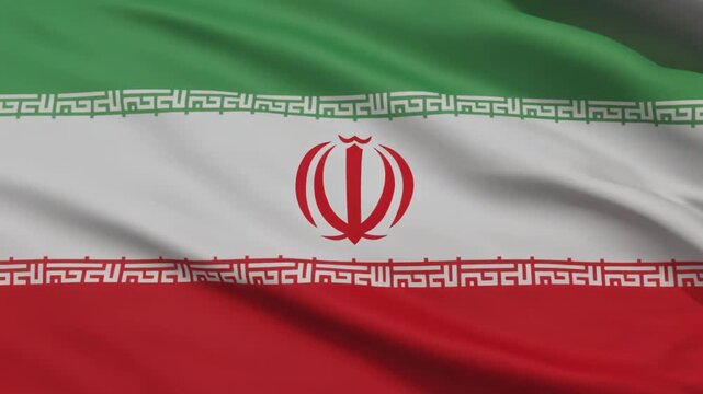 Iranian national flag with emblem and Kufic script, symbolizing unity, strength, and national identity.