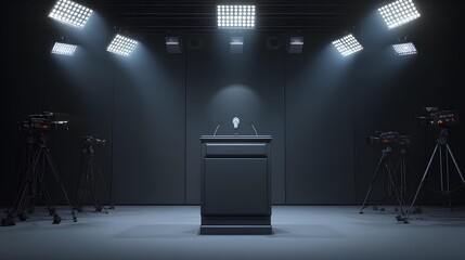 Empty Podium: A solitary podium stands under bright lights amidst a row of cameras, ready for a speaker. the dark room creates an atmosphere of anticipation.