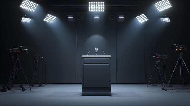 Empty Podium: A solitary podium stands under bright lights amidst a row of cameras, ready for a speaker. the dark room creates an atmosphere of anticipation. 