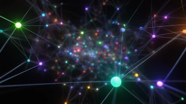 Digital neural network with glowing multicolored nodes and connecting lines, symbolizing artificial intelligence, data processing, and complex systems.