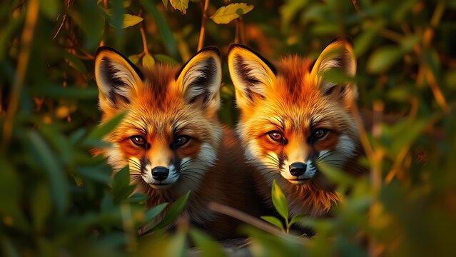 nitroglycerin. Two foxes peeking through dense foliage with playful expressions in golden light. wildlife magazines, conservation campaigns, designed for wildlife conservation campaigns.