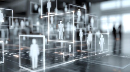Fototapeta premium Digital Connection: Futuristic digital concept depicting individuals within interconnected frames, symbolizing networks and digital society.