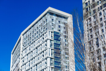 Fototapeta premium Modern glass skyscraper stands tall against clear blue sky. Building features repeating window patterns and sleek lines. Tree branches frame the structure, adding natural contrast