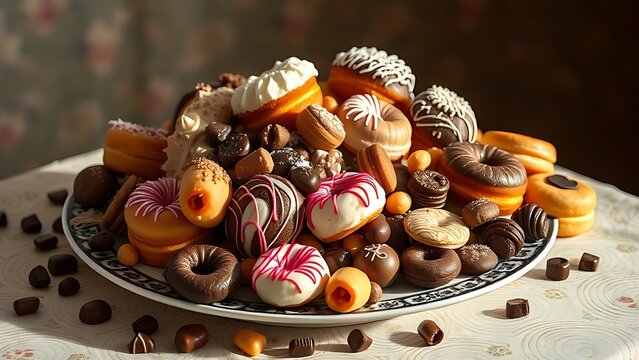 overthrow. A lavish still life of cakes and donuts spilling onto a patterned tablecloth in soft morning light. menu design.