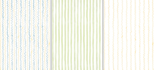 Whimsical watercolor background frames set with light blue and yellow wave stripes, green stripes. Perfect for backgrounds, stationery, packaging, Valentine's Day and Christmas designs. © Olesya Frolova