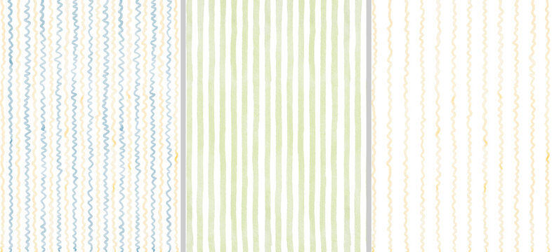 Whimsical watercolor background frames set with light blue and yellow wave stripes, green stripes. Perfect for backgrounds, stationery, packaging, Valentine's Day and Christmas designs.