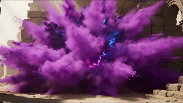 Purple powder explosion forming abstract vibrant pattern concept. Vibrant purple and orange explosion with dust and smoke in ancient stone ruins under sunlight