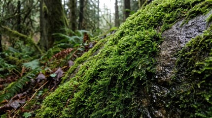Fototapeta premium Emerald green moss covering a damp forest log, showcasing the lush texture of a vibrant natural environment