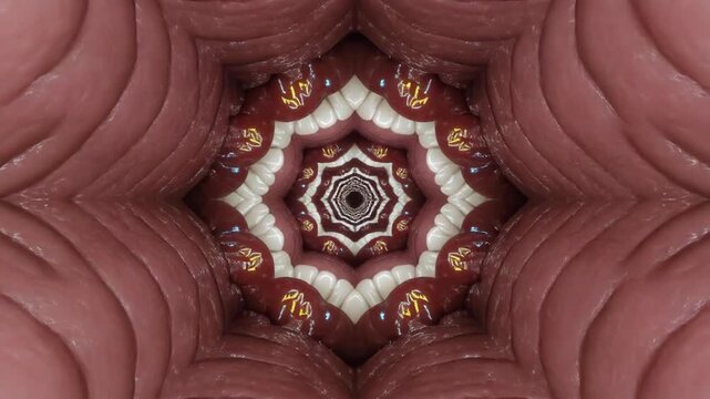 Abstract organic tunnel composed of repeating dental structures and glowing patterns, creating a mesmerizing, surreal journey into a biological vortex.