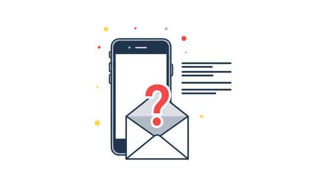 Mobile communication support concept showing a smartphone with an open email envelope and a large red question mark icon.