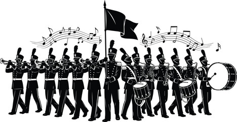Black and white silhouette illustration of marching band in uniform playing musical instruments, performing parade procession with synchronized motion, teamwork, discipline, and musical  © MstAnufa