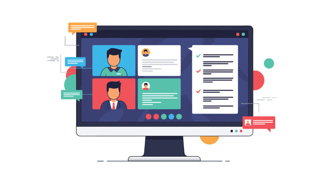 Video conferencing interface on a computer monitor with multiple participant windows and shared document collaboration.