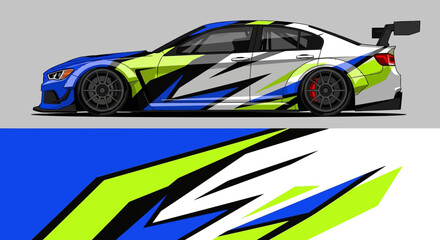 Obraz premium Colorful racecar with blue, green, and white livery exhibiting dynamic aerodynamic design.