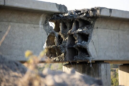 A severely damaged concrete bridge support with crumbling material. Structural failure, likely due to deterioration or damage. A highway overpass in an urban area.