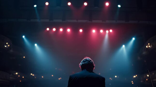 A lone figure stands on a brightly lit stage under dramatic red and blue spotlights, ready to engage an unseen audience