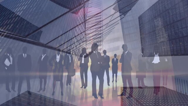 Composite video of businesspeople icons against low angle view of tall buildings