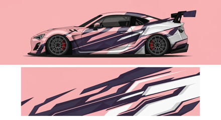 Pink and purple race car with dynamic shadows on pastel background. © Lailatul