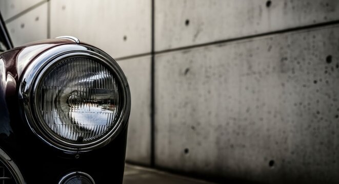 Close-up of classic automobile headlight, against a concrete wall