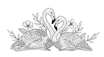 Fototapeta premium Set of 2 swans illustration with flowers and leaves