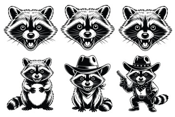Fototapeta premium Black and white of six cartoon raccoons in different poses