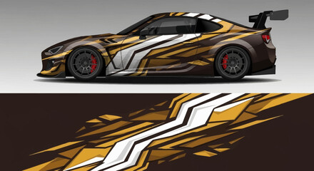 Fototapeta premium Dynamic gold and white racing sports car with bold livery and sleek design.
