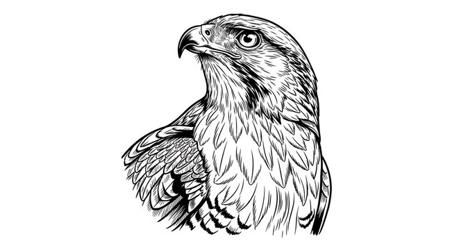 Black and white illustration of a hawk head