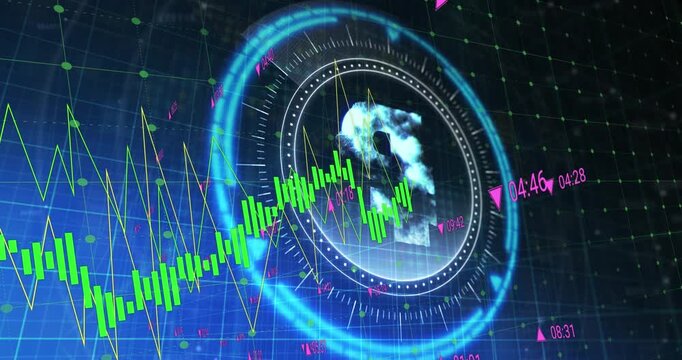 Animation of financial data processing over scope scanning with pound symbol on black background