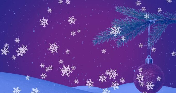 Animation of snowflakes over christmas tree with baubles on purple background