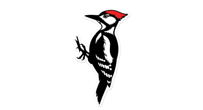 Woodpecker illustration, black and white with red head