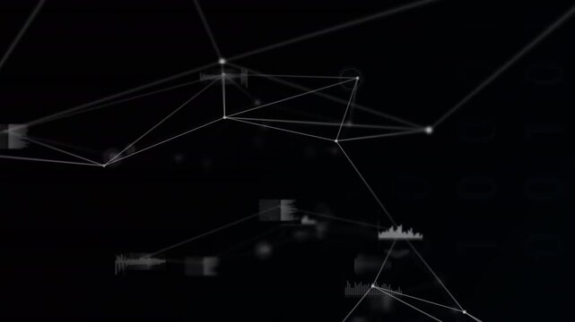 Animation of connected dots with lines, graphs and soundwaves against black background