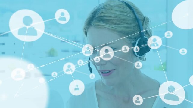 Animation of network of connections with icons over caucasian businesswoman using phone headset